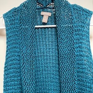 Chico's Sz 0 Small Peacock Turquoise Open-Knit Sleeveless Top Cardigan Vest